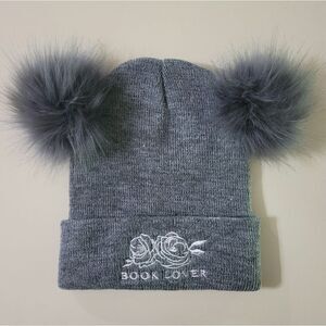 Women's Gray Double Fur Pompom Knitted Hat Book Lover Beanie